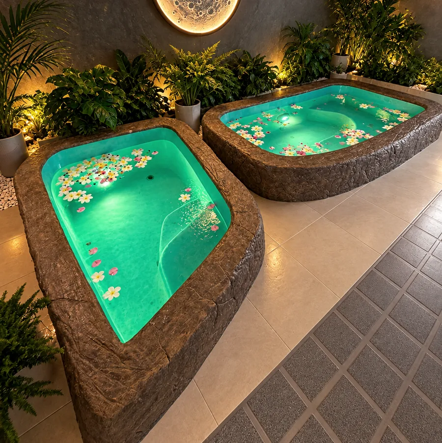 Glowing onsen pools with floating flowers
